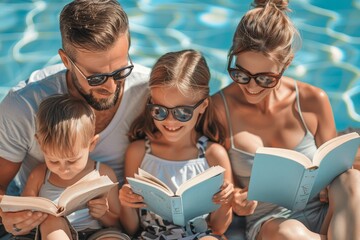 Family with kids reading by the pool