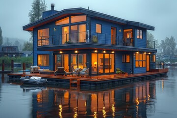 Exterior view of a floating house with dock - obrazy, fototapety, plakaty