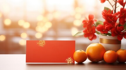 A Red greeting card illustration, Chinese New Year, mandarin oranges and red envelopes on white painted wooden table, clear greeting card details, bokeh blur background