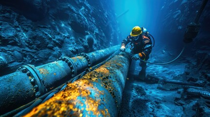 An Expert technicians are diving to install underwater oil and gas pipelines in blue undersea industrial equipment for energy transportation. - obrazy, fototapety, plakaty