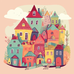 Colored houses. Sweet home card. cartoon vector ill