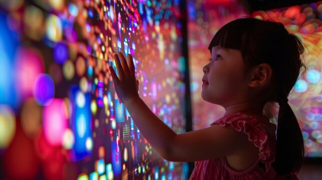 A little girl sits in front of a giant interactive light wall her eyes wide with wonder as she moves her hands to control the patterns and colors. The museum guide explains