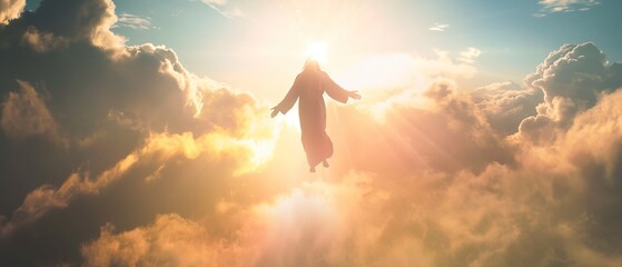 The resurrected Jesus Christ ascending to heaven above the bright light sky and clouds and God, Heaven and Second Coming concept