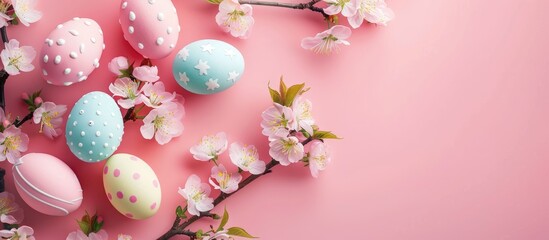 Background with stylish colorful easter eggs on pink pastel background accompanied by blooming cherry branches. This design is ideal for web banners, showcasing a flat lay, top view, mockup style.
