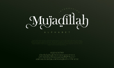 Mujadillah premium luxury arabic alphabet letters and numbers. Elegant islamic  typography ramadan wedding serif font decorative vintage. Creative vector illustration