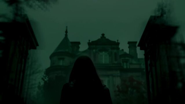 Young Woman Facing Spooky Mansion