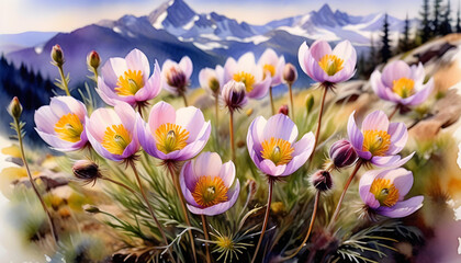 A watercolor painting of a Pulsatilla flower on a mountain hill