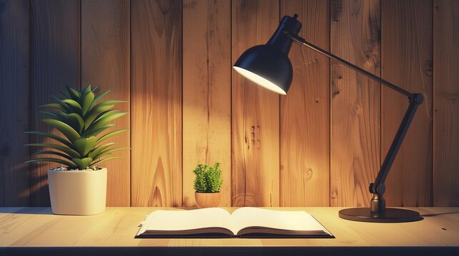 Modern desk lamp shines on books, symbolizing learning, cozy corner. Reading space with modern lamp, stack of books, and soft wall colors.