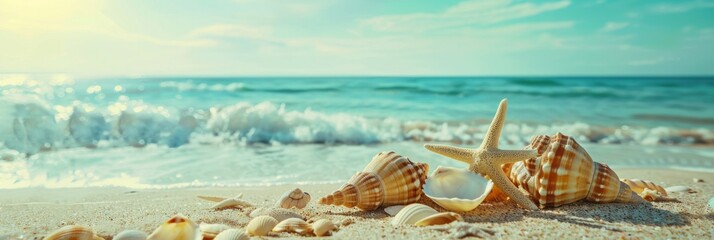 seashell background on the shore - obrazy, fototapety, plakaty