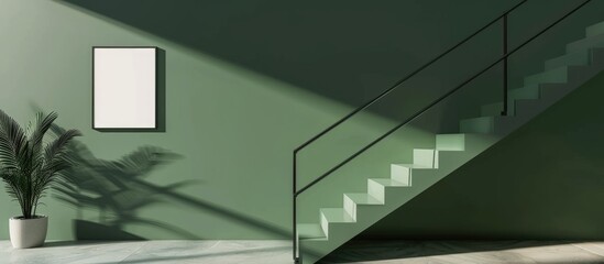 Obraz premium a minimalist portrait in a black wooden frame mockup hanging on a green wall along the stairs.