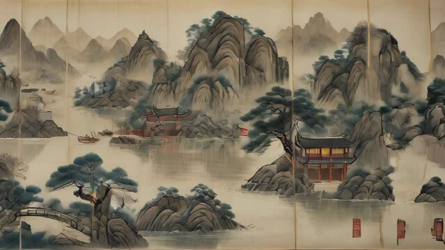 Mountains, river, trees, and small boats depicted in ink wash painting, evoking a classical Chinese landscape.
