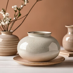 Ceramic vase on white wooden table, close-up