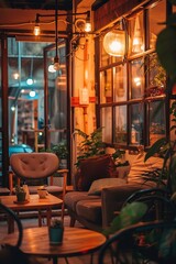 A cozy cafe with warm lighting, comfortable seating, and the aroma of freshly brewed coffee filling the air, Generative AI