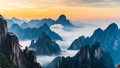 Early dawn over Huangshan Mountains, serene mist, majestic peaks, serene ambiance. High-res, perfect for wallpaper or poster art