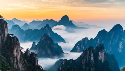 Zelfklevend Fotobehang Huangshan Early dawn over Huangshan Mountains, serene mist, majestic peaks, serene ambiance. High-res, perfect for wallpaper or poster art