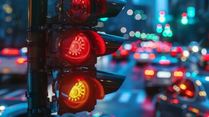 A closeup shot of a traffic signal with multiple lanes of cars stopped in different directions highlighting the complex and strategic coordination required for traffic to