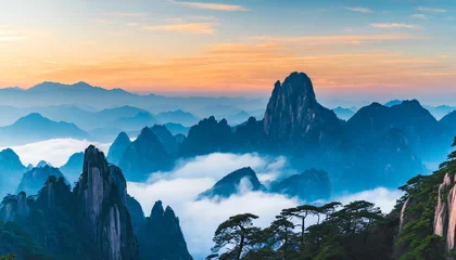 Photo sur Plexiglas Monts Huang Early dawn over Huangshan Mountains, serene mist, majestic peaks, serene ambiance. High-res, perfect for wallpaper or poster art