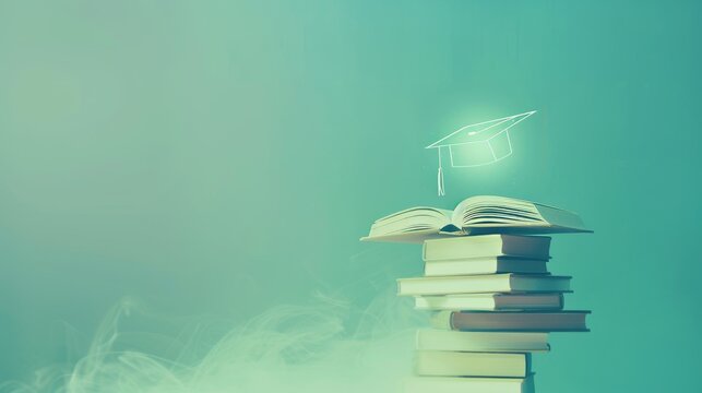 Stack of books with an open one, glowing light, graduation cap. Books in a soft colored pile, open one glowing, cap symbolizes success.