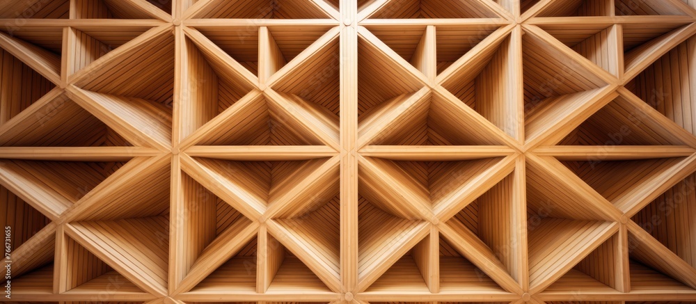 Poster a detailed view of a wooden structure exhibiting a unique pattern of interconnected triangles