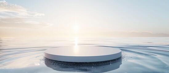 An empty circular podium on a clear, still water surface with splashes and sunlight creating a serene abstract natural backdrop for showcasing products. - obrazy, fototapety, plakaty