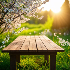 Fototapeta premium Wooden table in front of blooming apple trees in spring garden