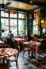 Fototapeta premium A European-style cafe with bistro tables, checkered tablecloths, and the sound of clinking cutlery and laughter filling the air, Generative AI