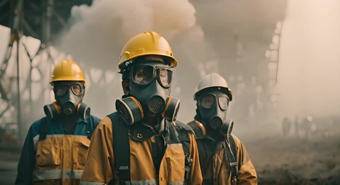 Group of Asian workers in gas masks and safety helmets against an industrial plant in the fog. The concept of industrial impact on worker health and the environment