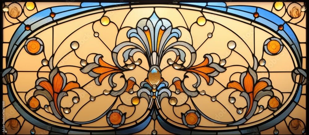 Poster an intricate and colorful stained glass window is shown in a detailed close-up view, displaying a un