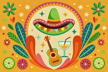 Chinco de mayo card of a guitar, sombrero and flowers