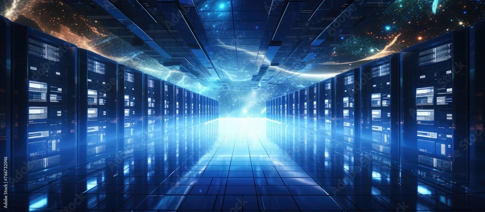 Poster a symmetrical row of servers in a data center with electric blue visual effect lighting shining from