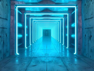 Neon Futuristic Hallway - Surreal Digital Architectural Passage with Glowing Geometric Lights and Perspective