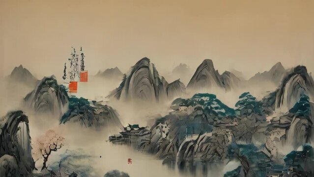 Mountains, river, trees, and small boats depicted in ink wash painting, evoking a classical Chinese landscape.
