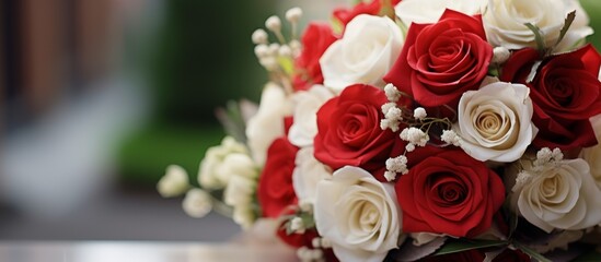 A beautiful bouquet of red and white hybrid tea roses is elegantly arranged on a table, showcasing the creative art of flower arranging for a wedding ceremony supply