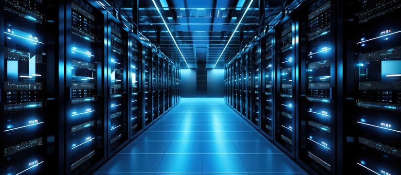 A data center building with a hallway featuring fixture rows of servers in parallel symmetry. The flooring is electric blue and the engineering technology includes gas and electric systems