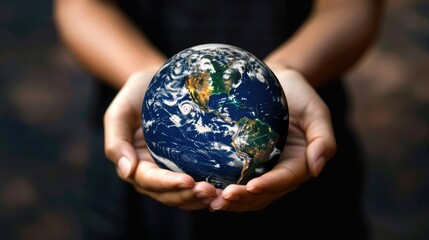 Female hands holding planet earth globe. Environmental ecology issues, save the world concept. AI Generated 