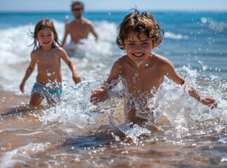 Family beach day, sunny smiles, wave chasing, togetherness