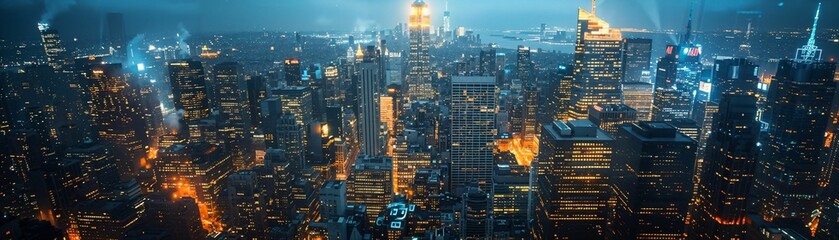 Fototapeta na wymiar Cityscape from above, glowing lights, dynamic urban rhythm