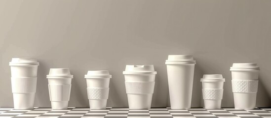 Collection of mockup packaging templates featuring white, blank, large, medium, and small takeaway paper, carton, or cardboard coffee cups in various sizes.