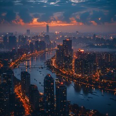 Obraz premium Bustling city skyline at twilight, vibrant nightlife, urban exploration, city break essentials