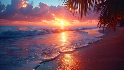 Serene tropical beach sunset, vivid colors, tranquil waves, palm shadows, ultimate relaxation spot - obrazy, fototapety, plakaty