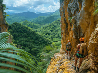 Adventure seekers rappelling a rugged cliff, lush greenery, adrenaline-fueled exploration - obrazy, fototapety, plakaty