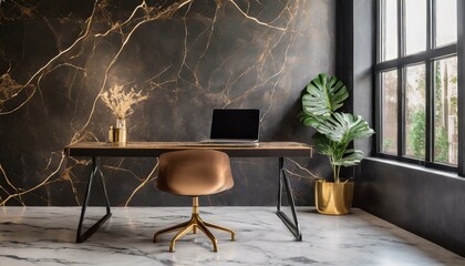 Office desk, dark brown and gold, marble detailed walls, luxury home office
