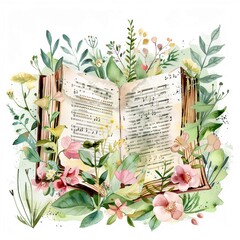 Cute watercolor illustration of a classic Christian hymn book surrounded by spring flowers - obrazy, fototapety, plakaty