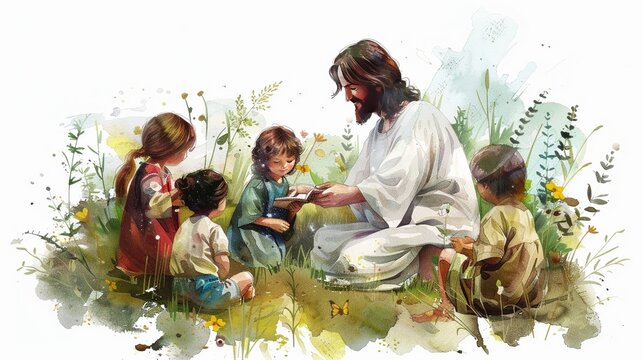 A cute watercolor representation of Jesus teaching children surrounded by nature