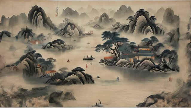 Mountains, river, trees, and small boats depicted in ink wash painting, evoking a classical Chinese landscape.
