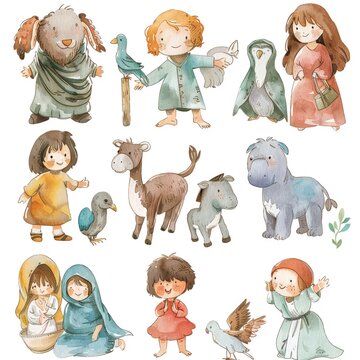 Adorable watercolor depiction of Biblical story characters in a playful child-friendly style