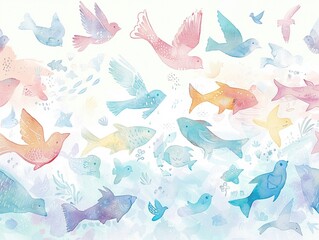 Whimsical watercolor illustration featuring cute Christian symbols like fish and doves
