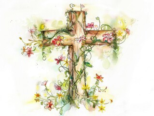 Watercolor sketch of a rustic cross with flowers and vines symbolizing rebirth and hope