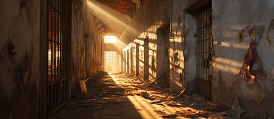 Soft sunlight filtering through the window of an aged building, creating a warm and serene ambiance