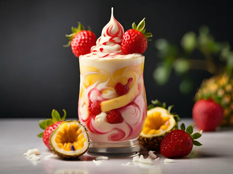 a cyclone of strawberries, pineapples, coconut cream, and passion fruit swirling out of the top of this product image Ai generative 